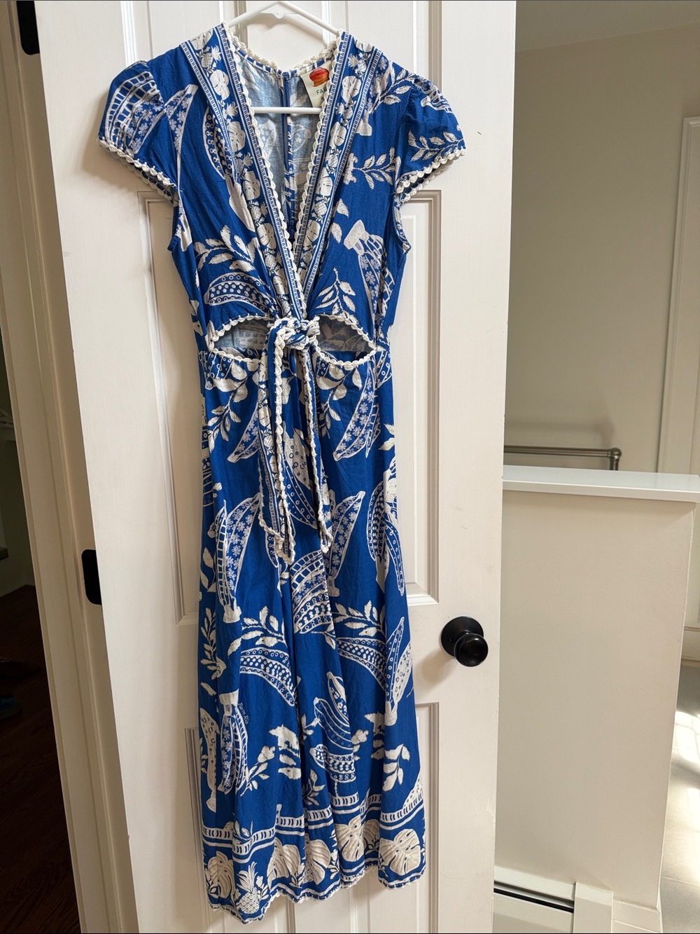 Farm Rio Blue and Cream Printed Tie-Waist Midi Dress